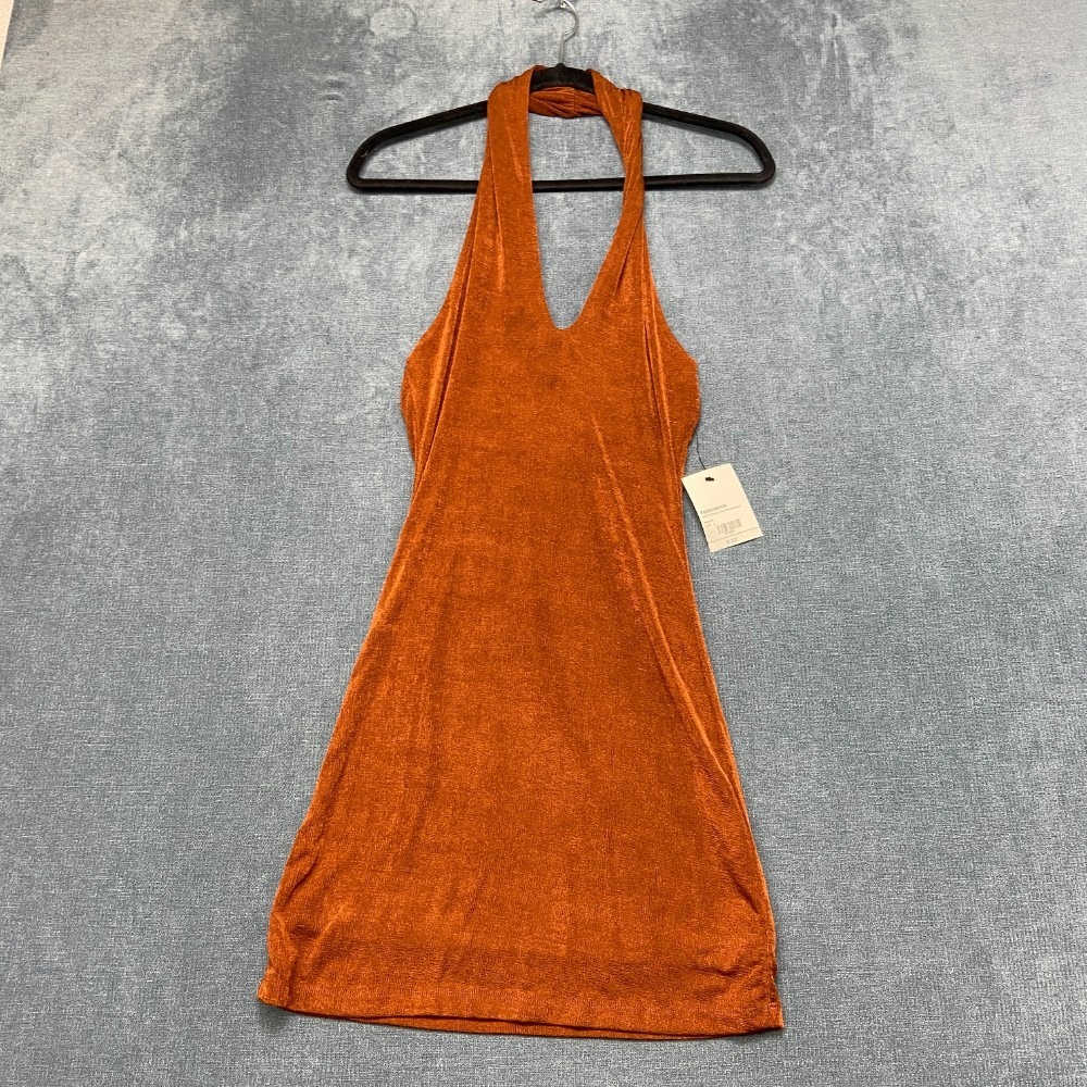 Beige Botany Knit Keyhole Velvet Halter Mini Dress Womens Small Brown Bodycon